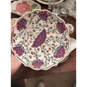 Vintage Turkish Greek Pottery Plate Multi Color Flowers Hand Made‎ Signed